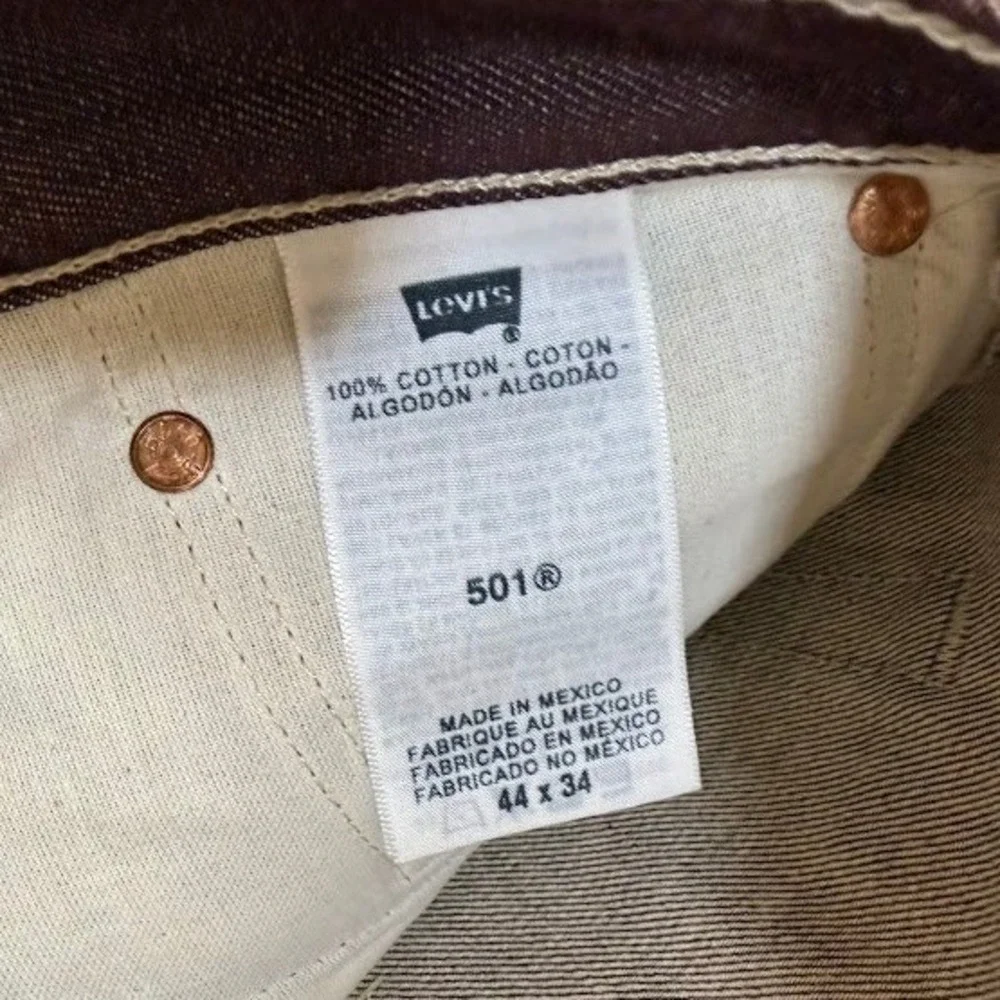 Levis 501 XX Original Fit Jeans Mens 44x34 Burgundy Brown White Stitch Denim NEW